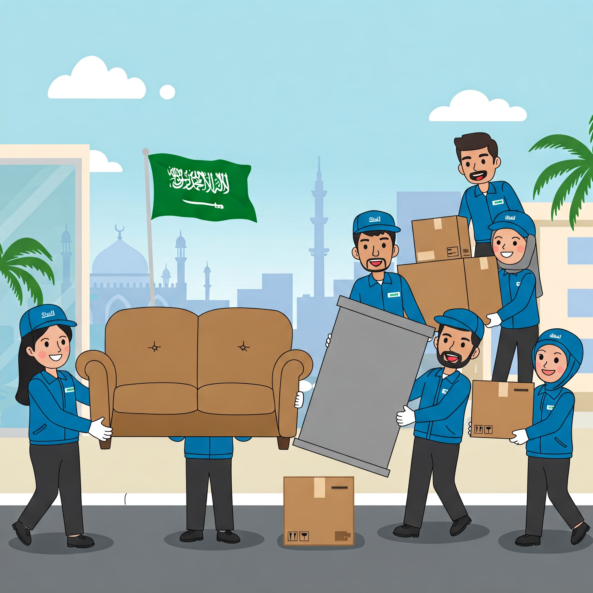 فريق عمل محترف ينقل الأثاث بعناية في المملكة العربية السعودية